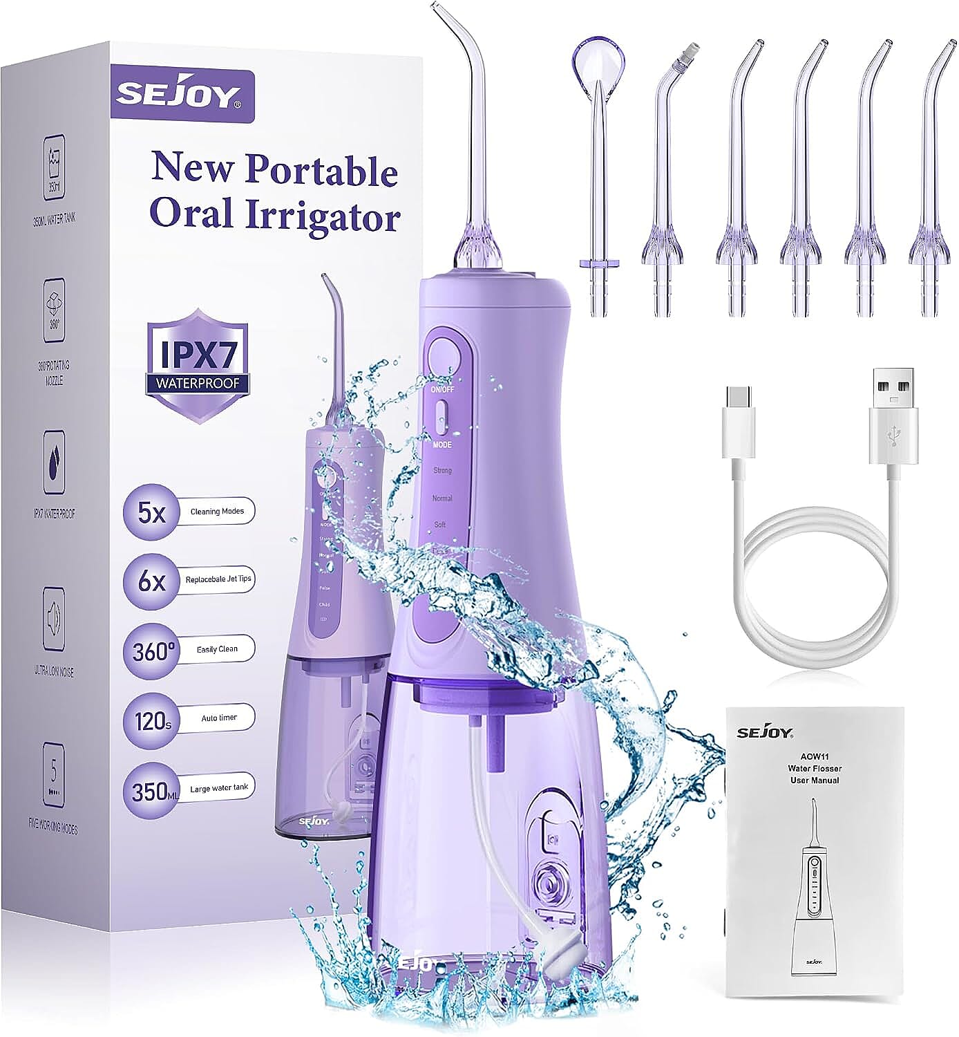 SEJOY Cordless Water Flosser with 5 Cleaning Modes, 6 Jet Tips & IPX7 Waterproof Design - Purple